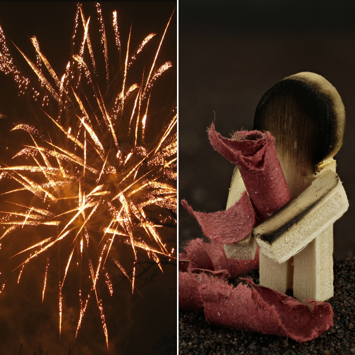 Afbeelding met twee delen. Aan de linkerkant vuurwerk en aan de rechterkant een houten poppetje dat beschadigd is door vuurwerk. Afbeelding met twee delen. Aan de linkerkant vuurwerk en aan de rechterkant een houten poppetje dat beschadigd is door vuurwerk.