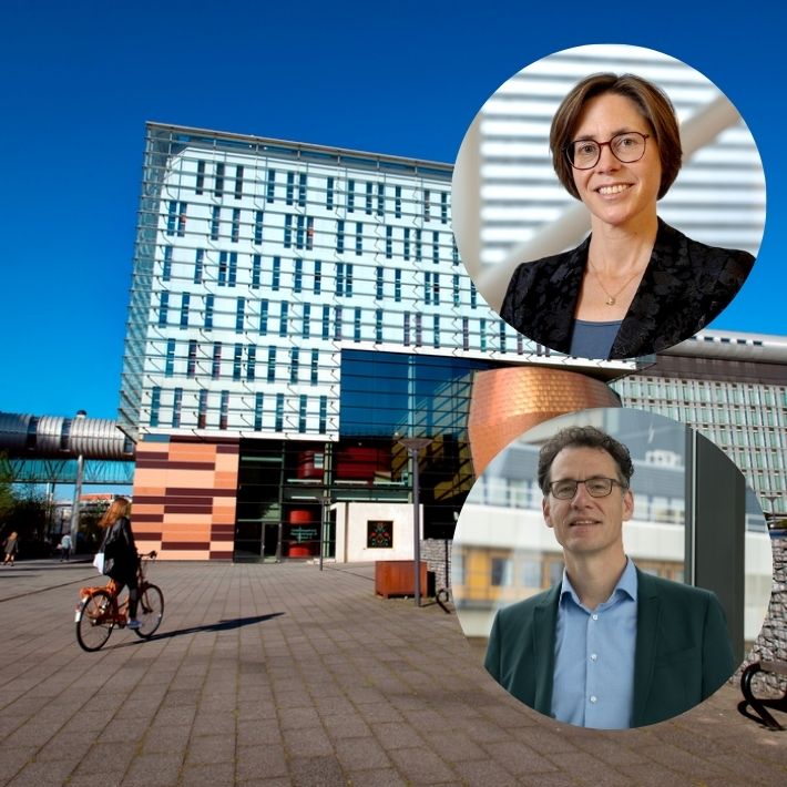 Foto van het onderwijsgebouw van het LUMC met inzet foto van Alexandra Langers en foto van Ronald van den Bos Foto van het onderwijsgebouw van het LUMC met inzet foto van Alexandra Langers en foto van Ronald van den Bos