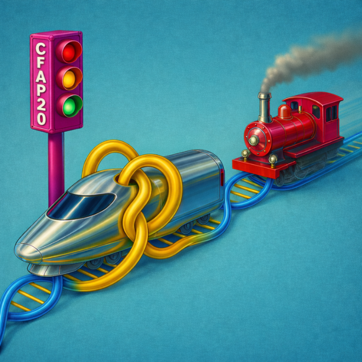 In the illustration CFAP20 is depicted as a traffic light that regulates the traffic on the DNA.