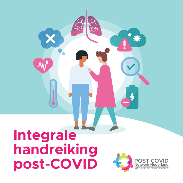 Afbeelding met personen in gesprek en icoontjes met tekst 'Integrale handreiking post-covid' en het logo van het POST COVID Netwerk Nederland.