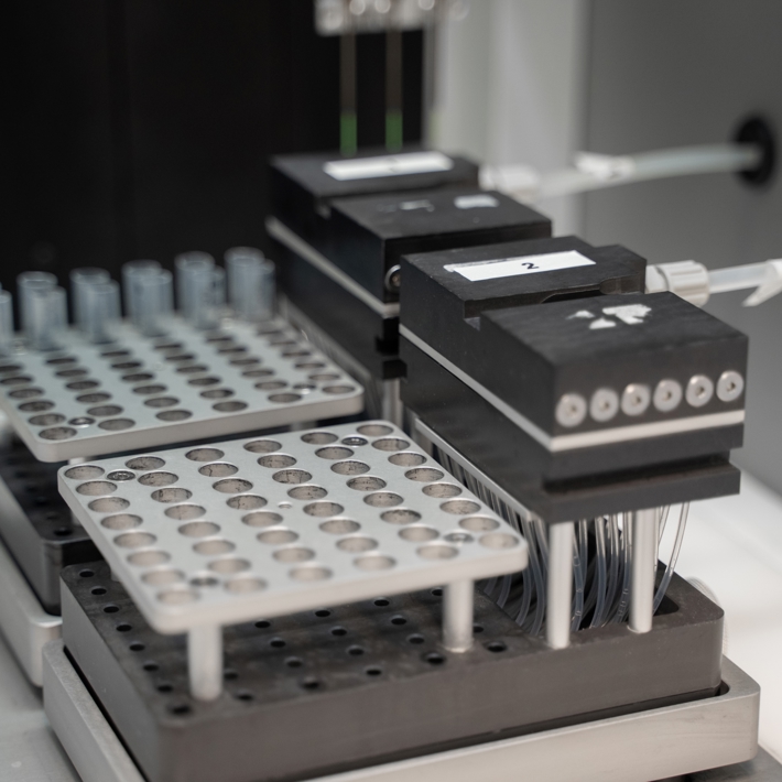 Close-up of sample tray of equipment in IMMU peptide lab